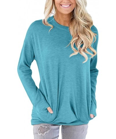 Womens Casual Long Sleeve Tunic Tops Solid Color Crew Neck Comfy Pullover Sweatshirts Loose Fit Blouses with Pockets 11-blue ...