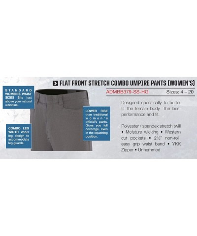 pants Womens Umpire BBSB Combo Flat Front Poly/Spandex Heather Grey Size 4 $41.25 Pants