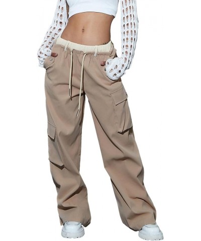 Women's Zip Up Slit Hem Drawstring Waist Loose Y2K Cargo Pants Khaki $32.99 Pants