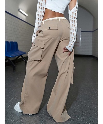 Women's Zip Up Slit Hem Drawstring Waist Loose Y2K Cargo Pants Khaki $32.99 Pants