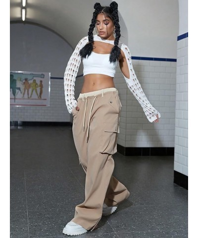 Women's Zip Up Slit Hem Drawstring Waist Loose Y2K Cargo Pants Khaki $32.99 Pants