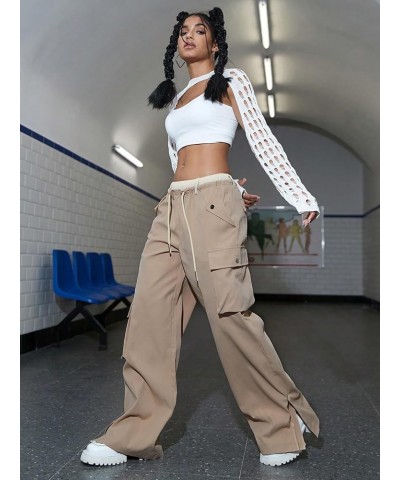 Women's Zip Up Slit Hem Drawstring Waist Loose Y2K Cargo Pants Khaki $32.99 Pants