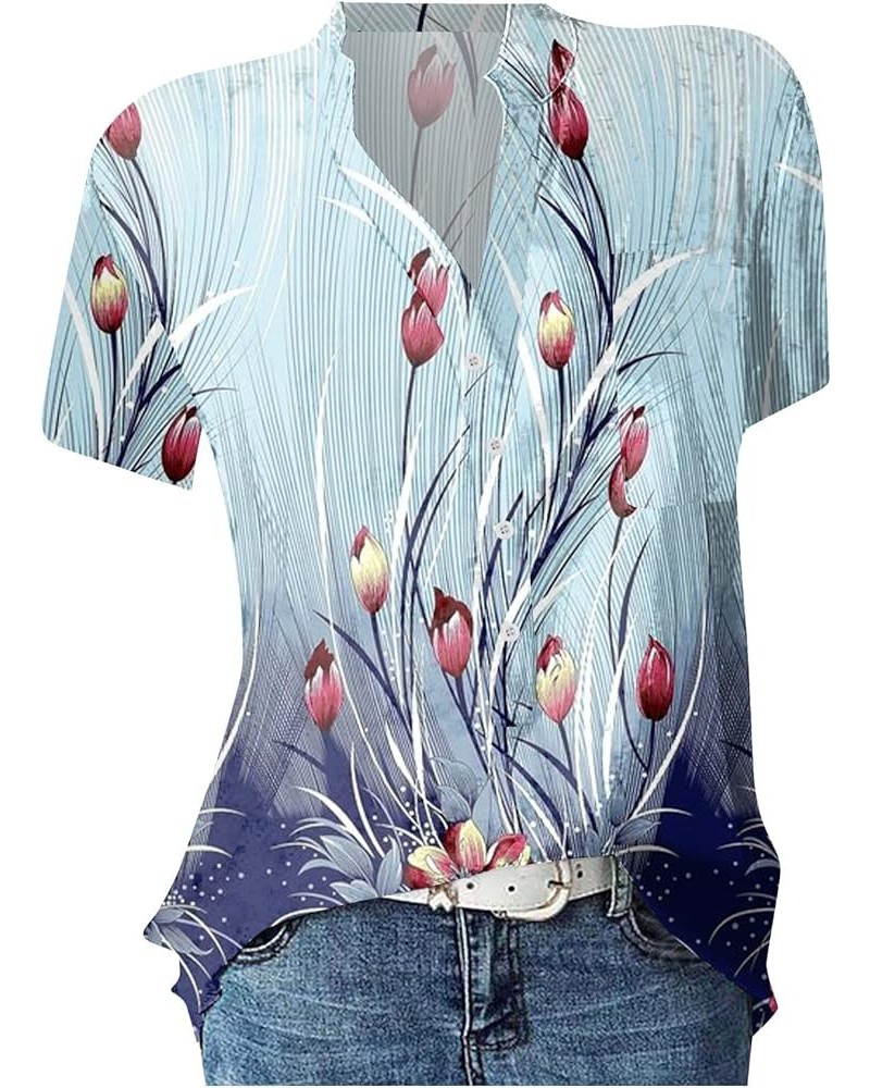 Corset Tops for Women Summer Floral Shirts Short Sleeve V Neck Blouses Pullover Tee Casual Printed Shirt Tunics G-light Blue ...