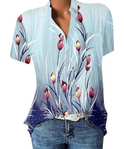 Corset Tops for Women Summer Floral Shirts Short Sleeve V Neck Blouses Pullover Tee Casual Printed Shirt Tunics G-light Blue ...