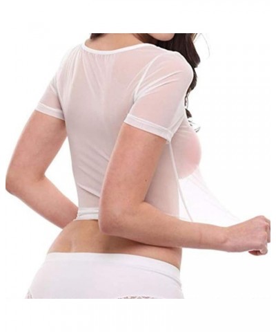 Women Mesh Gauze Blouse Tops Ladies' Seamless See-Through Long Sleeve Arm Shaper Pullovers Shirt Blouse Tops A-white $5.85 Bl...