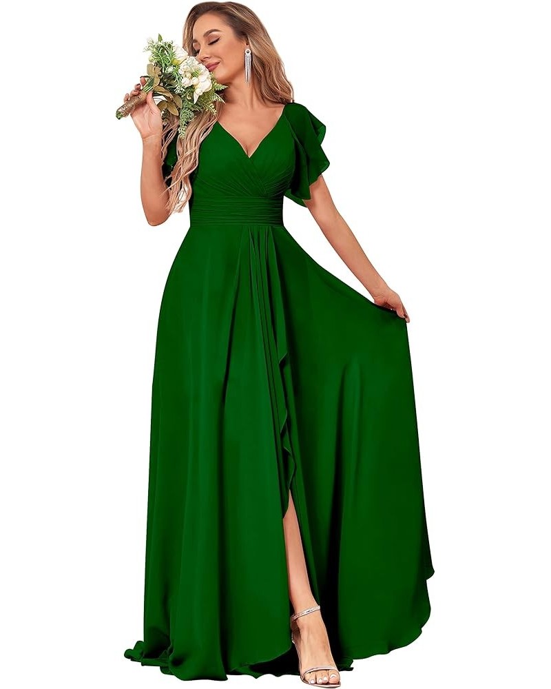 Women's Long V Neck Bridesmaid Dresses for Wedding Short Sleeve Formal Dress Chiffon Evening Gown with Slit Emerald Green $27...