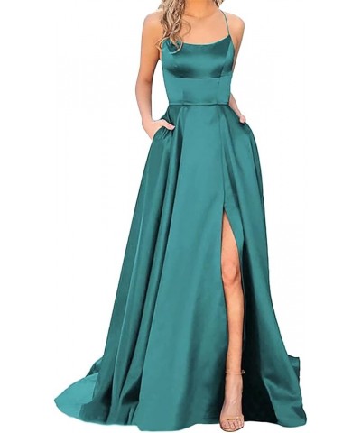 Women's Satin Prom Dresses Spaghetti Straps Backless Long Dress with High Slit Mermaid Formal Party Gown with Pocket Mint Gre...