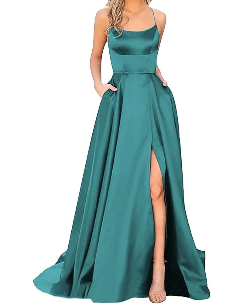 Women's Satin Prom Dresses Spaghetti Straps Backless Long Dress with High Slit Mermaid Formal Party Gown with Pocket Mint Gre...