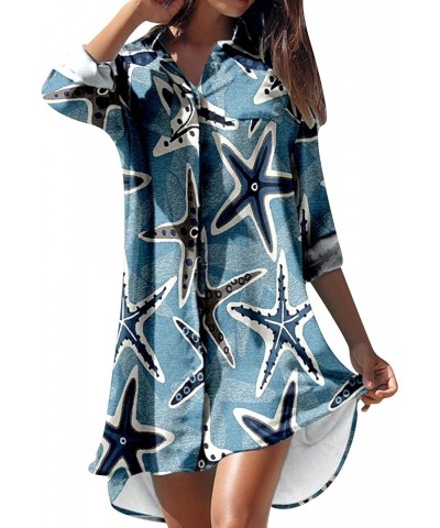 Womens Button Down Long Sleeve Shirt Dress Casual Floral Print Mini Dresses Loose Fit Beach Blouse Dress with Pockets Blue $1...