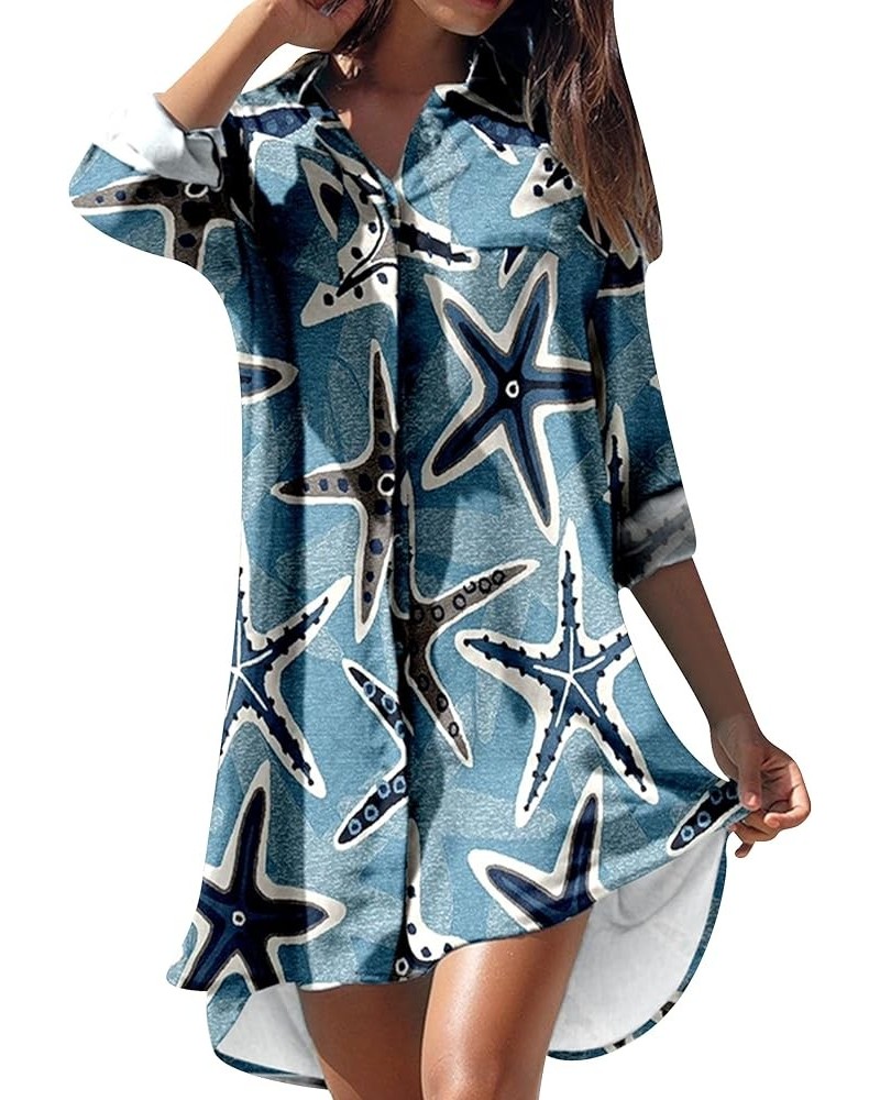 Womens Button Down Long Sleeve Shirt Dress Casual Floral Print Mini Dresses Loose Fit Beach Blouse Dress with Pockets Blue $1...