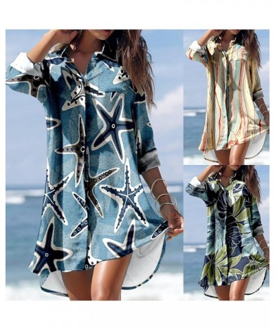 Womens Button Down Long Sleeve Shirt Dress Casual Floral Print Mini Dresses Loose Fit Beach Blouse Dress with Pockets Blue $1...