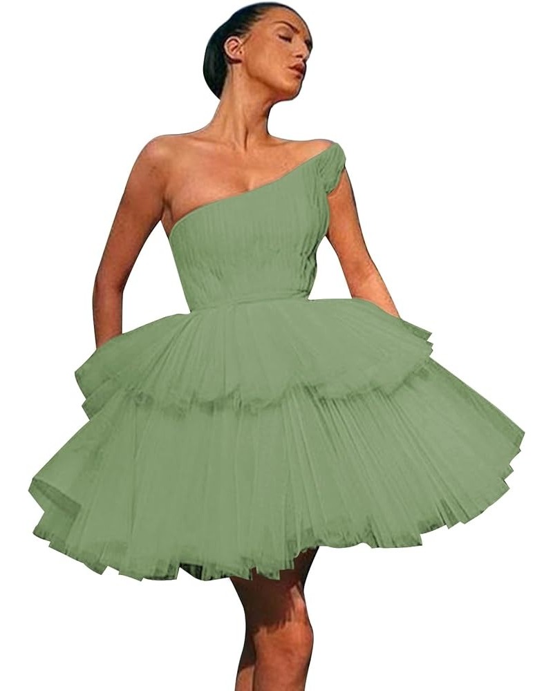 Women's Short Tiered Homecoming Dresses for Teens One Shoulder Tulle Prom Formal Cocktail Dress Sage Green $30.24 Dresses