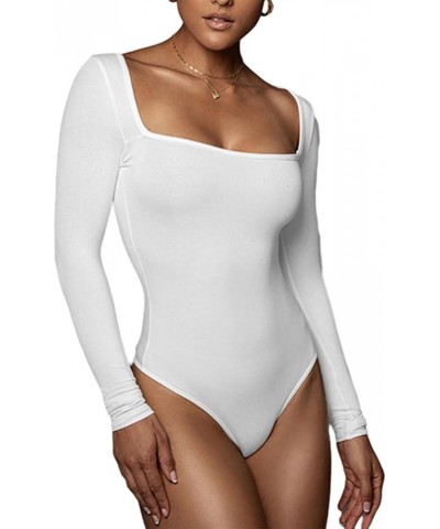 Women's Sexy Long Sleeve Square Neck Tank Leotard Tops Bodysuits White $10.79 Bodysuits