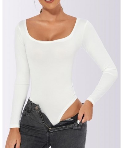 Women's Sexy Long Sleeve Square Neck Tank Leotard Tops Bodysuits White $10.79 Bodysuits