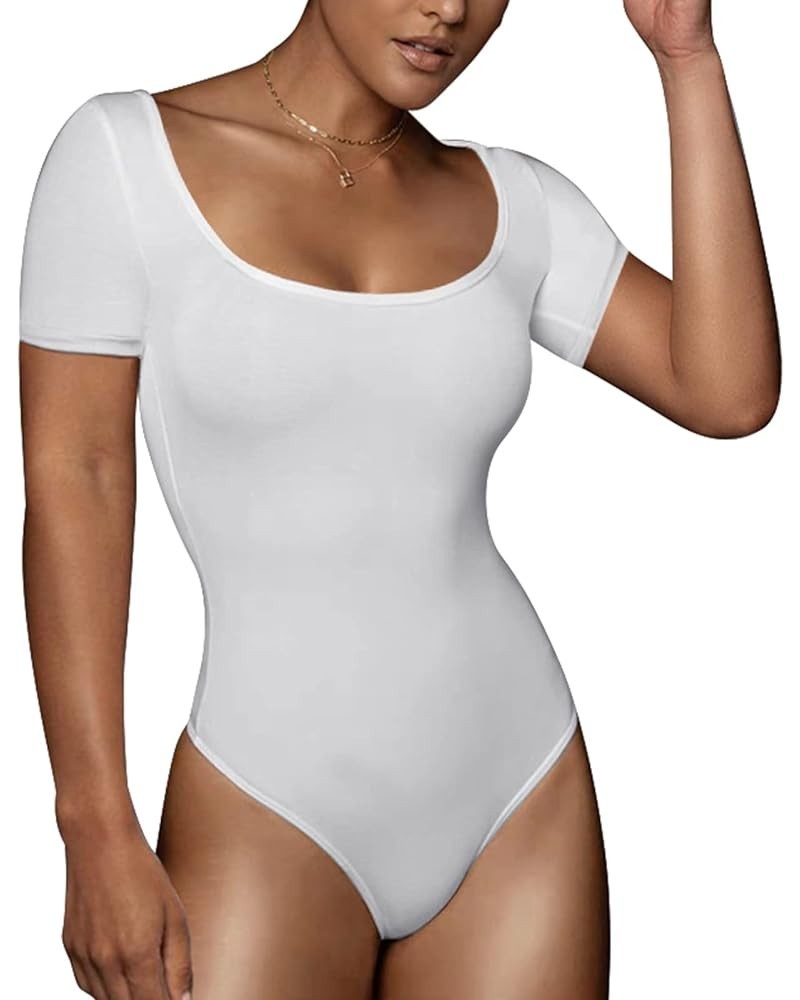 Women's Round Neck Short Sleeve Bodysuit Jumpsuit for Women Slim Fit Bodysuit Thong Bottom 007-white $8.94 Lingerie