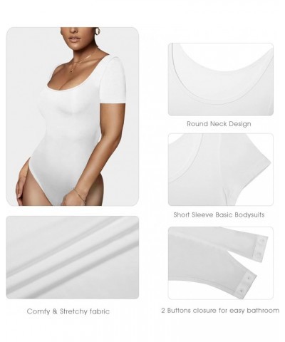 Women's Round Neck Short Sleeve Bodysuit Jumpsuit for Women Slim Fit Bodysuit Thong Bottom 007-white $8.94 Lingerie