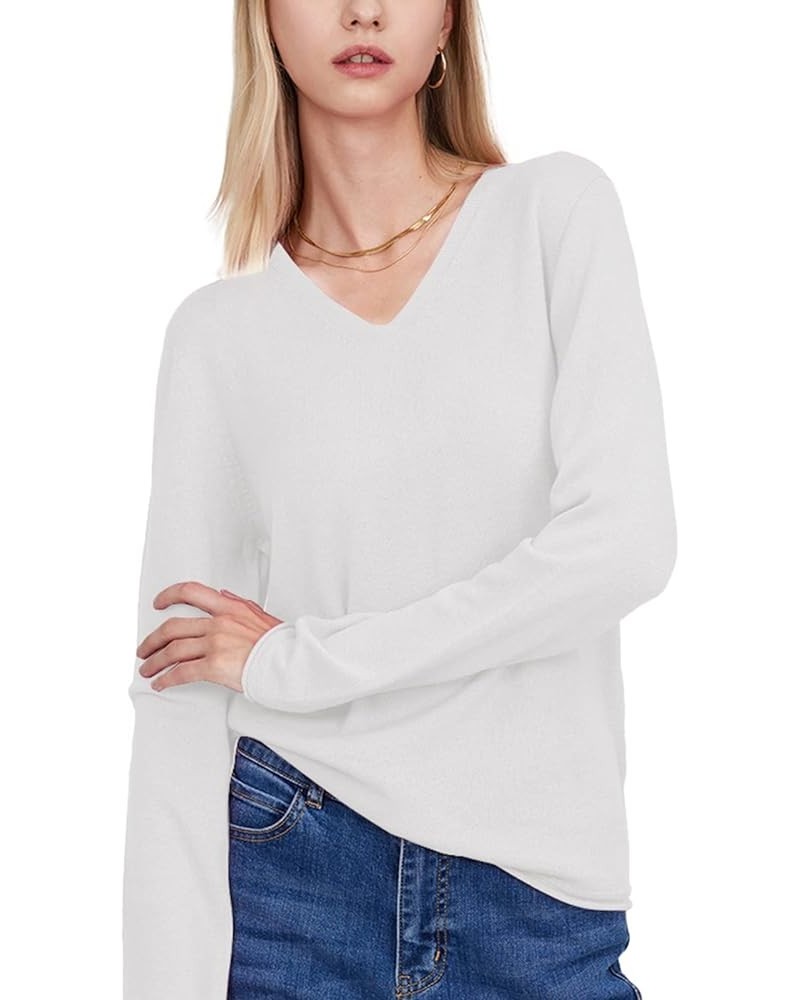 Women's Long Sleeve Sweater, 100% Wool Soft Pullover Sweater, Casual Knit Shirts Tops for Women V-neck White $24.74 Sweaters