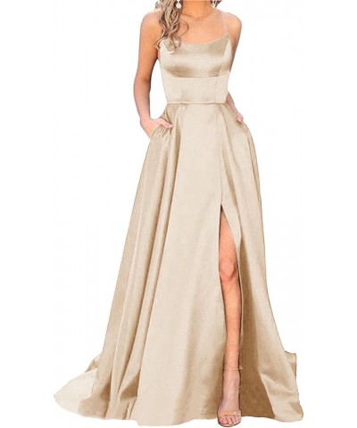 Women's Halter Prom Dresses Long Side Spilt Backless Satin Formal Evening Gowns with Pockets Light Champagne $25.30 Dresses