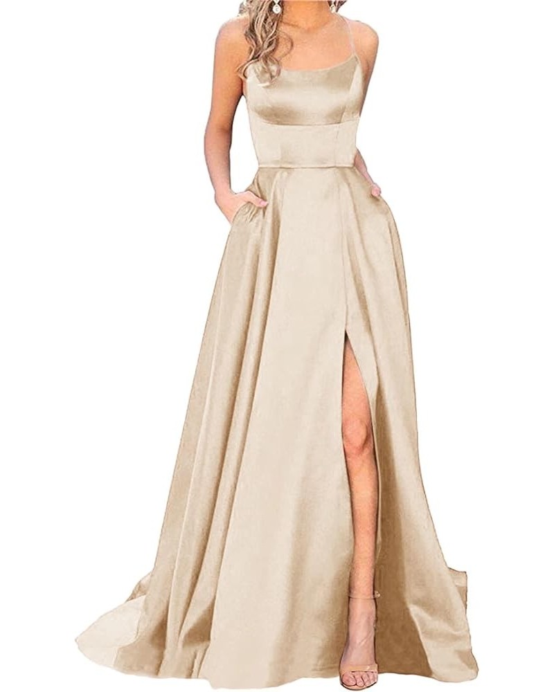 Women's Halter Prom Dresses Long Side Spilt Backless Satin Formal Evening Gowns with Pockets Light Champagne $25.30 Dresses