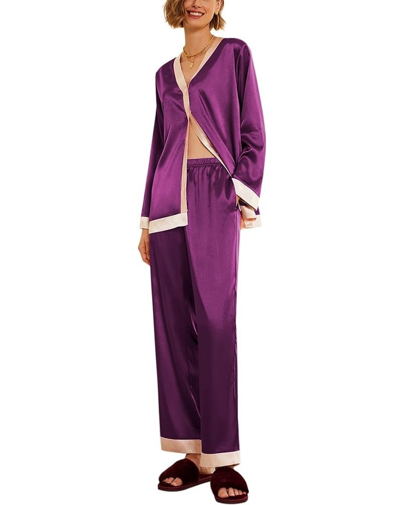 Satin Pajamas for Women Long Sleeve Pajamas Sets Soft Sleepwear Button Down Pj Set with Pockets,S-XXL Purple $11.12 Sleep & L...