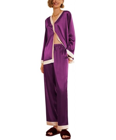 Satin Pajamas for Women Long Sleeve Pajamas Sets Soft Sleepwear Button Down Pj Set with Pockets,S-XXL Purple $11.12 Sleep & L...