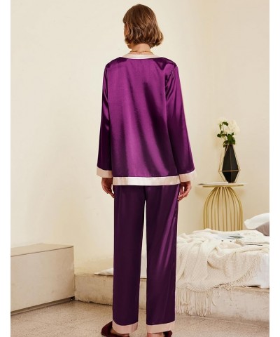 Satin Pajamas for Women Long Sleeve Pajamas Sets Soft Sleepwear Button Down Pj Set with Pockets,S-XXL Purple $11.12 Sleep & L...