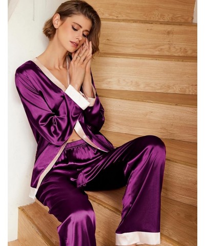 Satin Pajamas for Women Long Sleeve Pajamas Sets Soft Sleepwear Button Down Pj Set with Pockets,S-XXL Purple $11.12 Sleep & L...