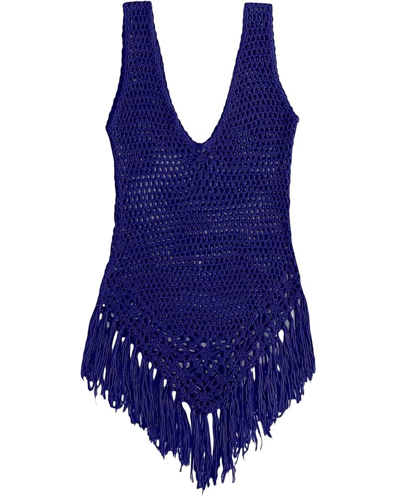 Women's Tassel Crochet Bikini Cover Up Swimsuit Bathing Suit Beach Dress Royal Blue $8.31 Swimsuits