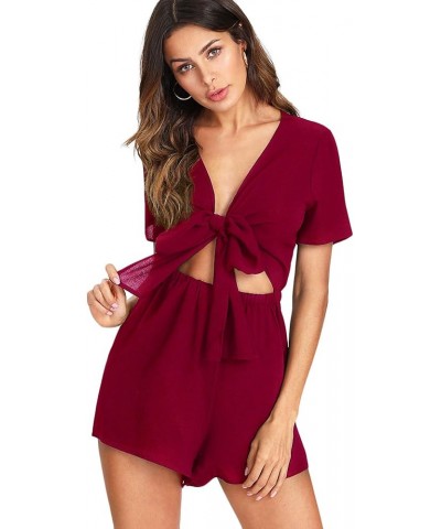 Women's Sexy V Neck Self Tie Front Short Romper Jumpsuit Playsuit Burgundy $19.79 Rompers