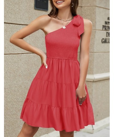 Women's 2024 Summer Boho One Shoulder Sleeveless Solid Color Smocked Tiered Ruffle A Line Swing Short Mini Dress Watermelon $...