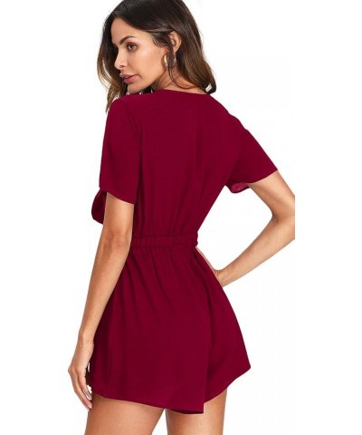 Women's Sexy V Neck Self Tie Front Short Romper Jumpsuit Playsuit Burgundy $19.79 Rompers