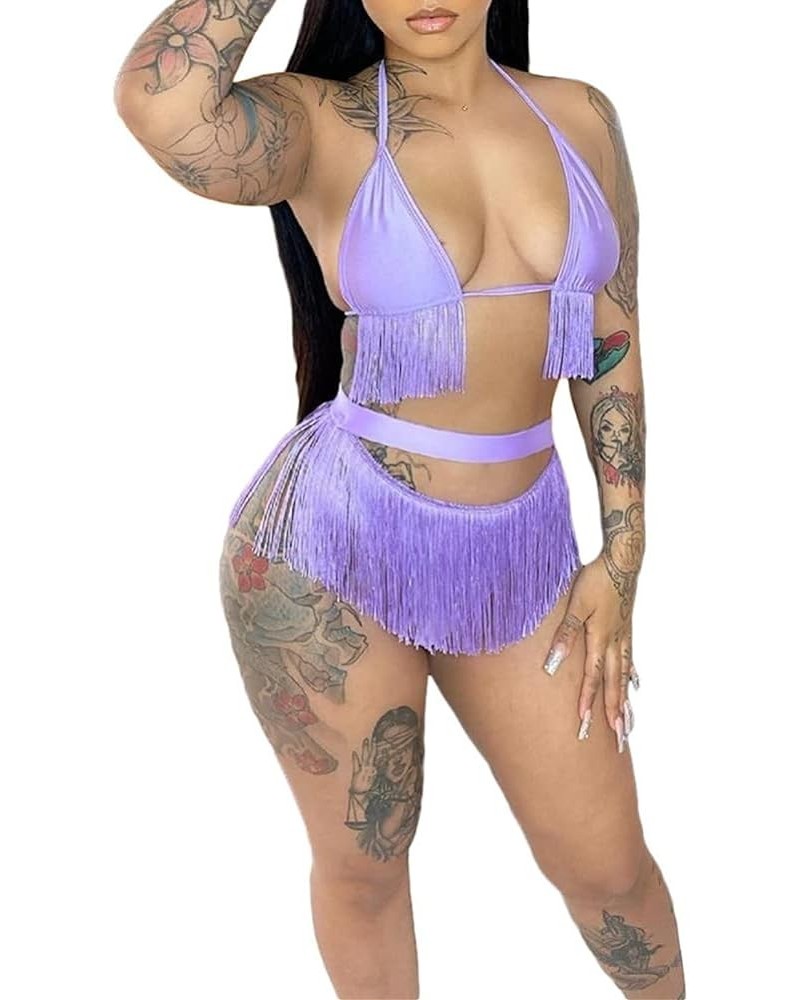 Women's Halter Sexy V Neck Bandage Bodysuits Romper Jumpsuits One Piece Swimsuits Purple-bikini $15.11 Swimsuits