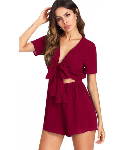 Women's Sexy V Neck Self Tie Front Short Romper Jumpsuit Playsuit Burgundy $19.79 Rompers