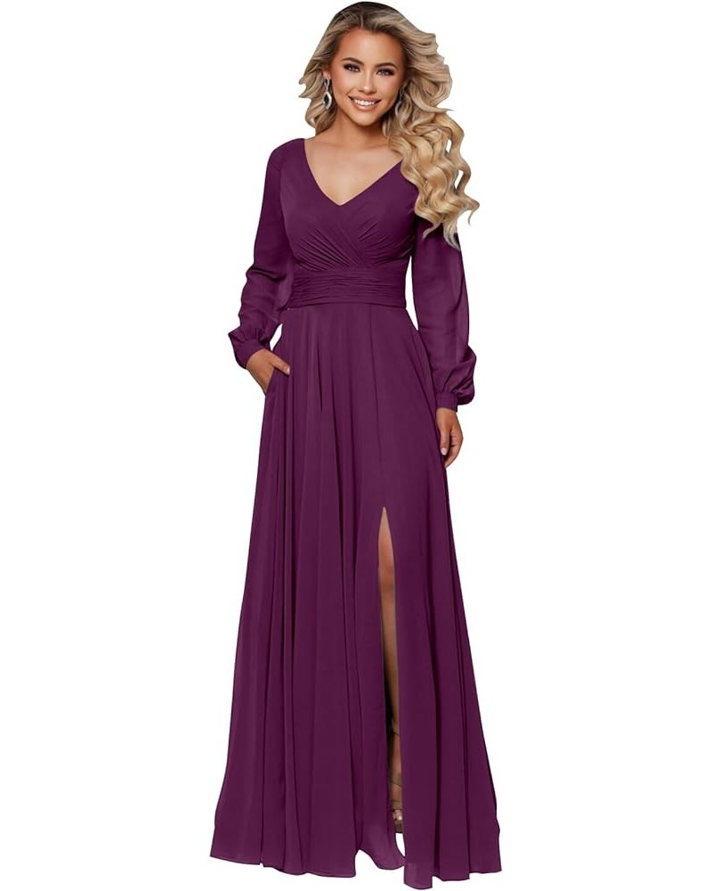 Long Sleeve Bridesmaid Dresses with Slit for Women Ruched A Line Chiffon Formal Evening Dress Plum $33.79 Dresses