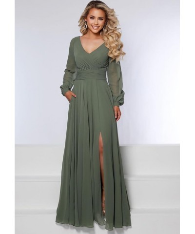 Long Sleeve Bridesmaid Dresses with Slit for Women Ruched A Line Chiffon Formal Evening Dress Plum $33.79 Dresses