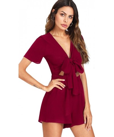 Women's Sexy V Neck Self Tie Front Short Romper Jumpsuit Playsuit Burgundy $19.79 Rompers