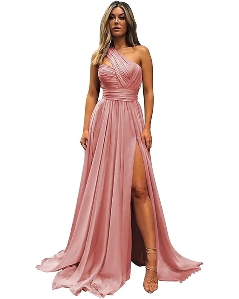 One Shoulder Bridesmaid Dresses for Women 2024 Long Pleated Chiffon Formal Evening Dresses with Slit Dusty Rose $22.55 Dresses