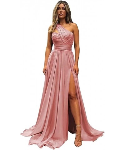 One Shoulder Bridesmaid Dresses for Women 2024 Long Pleated Chiffon Formal Evening Dresses with Slit Dusty Rose $22.55 Dresses