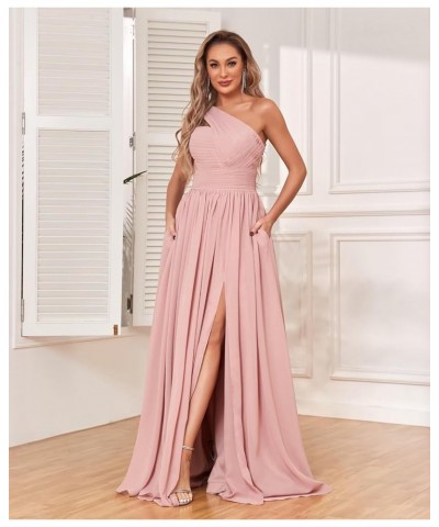 One Shoulder Bridesmaid Dresses for Women 2024 Long Pleated Chiffon Formal Evening Dresses with Slit Dusty Rose $22.55 Dresses