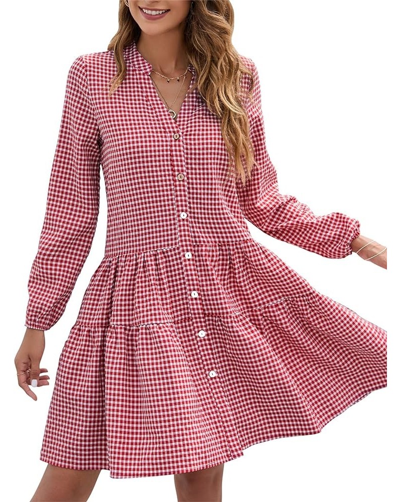 Women's Casual Plaid Dress Long Sleeve V Neck Button Down Short Dress Ruffle Swing Pleated Mini Dress Red $3.41 Dresses