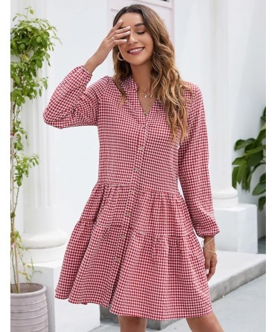 Women's Casual Plaid Dress Long Sleeve V Neck Button Down Short Dress Ruffle Swing Pleated Mini Dress Red $3.41 Dresses