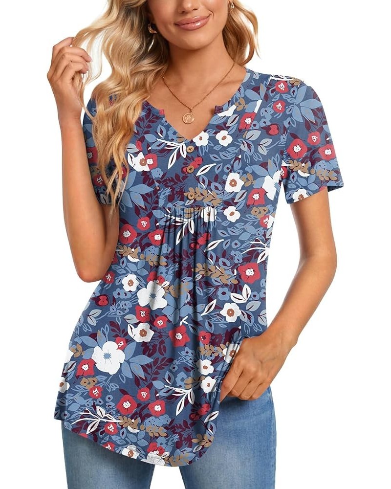 Womens Short Sleeve Tunic Tops Henley Shirt V-neck Button Up Blouse Casual Pleated Basic Pullover Colorful Flowers+blue $12.7...