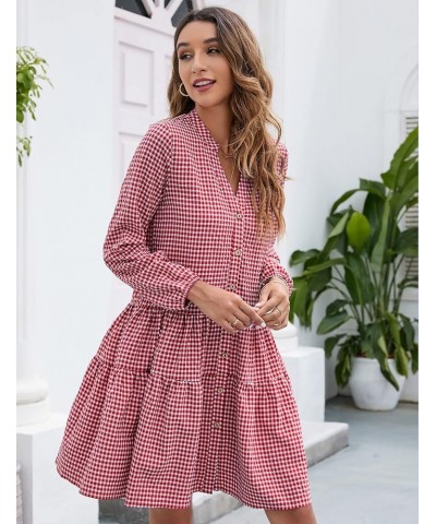 Women's Casual Plaid Dress Long Sleeve V Neck Button Down Short Dress Ruffle Swing Pleated Mini Dress Red $3.41 Dresses