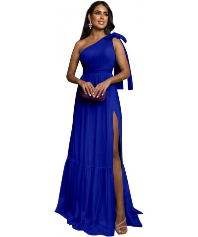 One Shoulder Bridesmaid Dresses with Slit Tulle Pleated Long Formal Evening Dresses for Women Royal Blue $24.60 Dresses