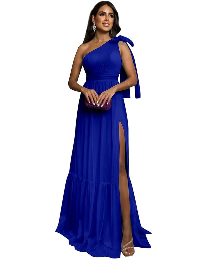 One Shoulder Bridesmaid Dresses with Slit Tulle Pleated Long Formal Evening Dresses for Women Royal Blue $24.60 Dresses