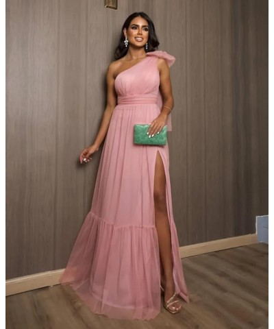 One Shoulder Bridesmaid Dresses with Slit Tulle Pleated Long Formal Evening Dresses for Women Royal Blue $24.60 Dresses