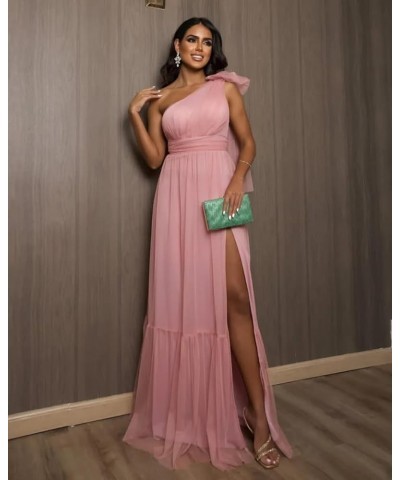 One Shoulder Bridesmaid Dresses with Slit Tulle Pleated Long Formal Evening Dresses for Women Royal Blue $24.60 Dresses