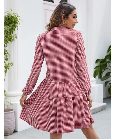 Women's Casual Plaid Dress Long Sleeve V Neck Button Down Short Dress Ruffle Swing Pleated Mini Dress Red $3.41 Dresses