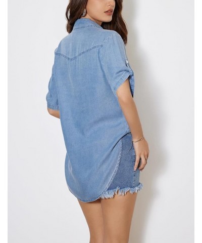 Denim Shirts for Women Button Down Tops Casual Blouses Long Short Sleeve Loose Fit Shacket Shirt Tops Light Blue $19.54 Blouses