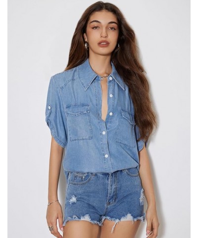 Denim Shirts for Women Button Down Tops Casual Blouses Long Short Sleeve Loose Fit Shacket Shirt Tops Light Blue $19.54 Blouses